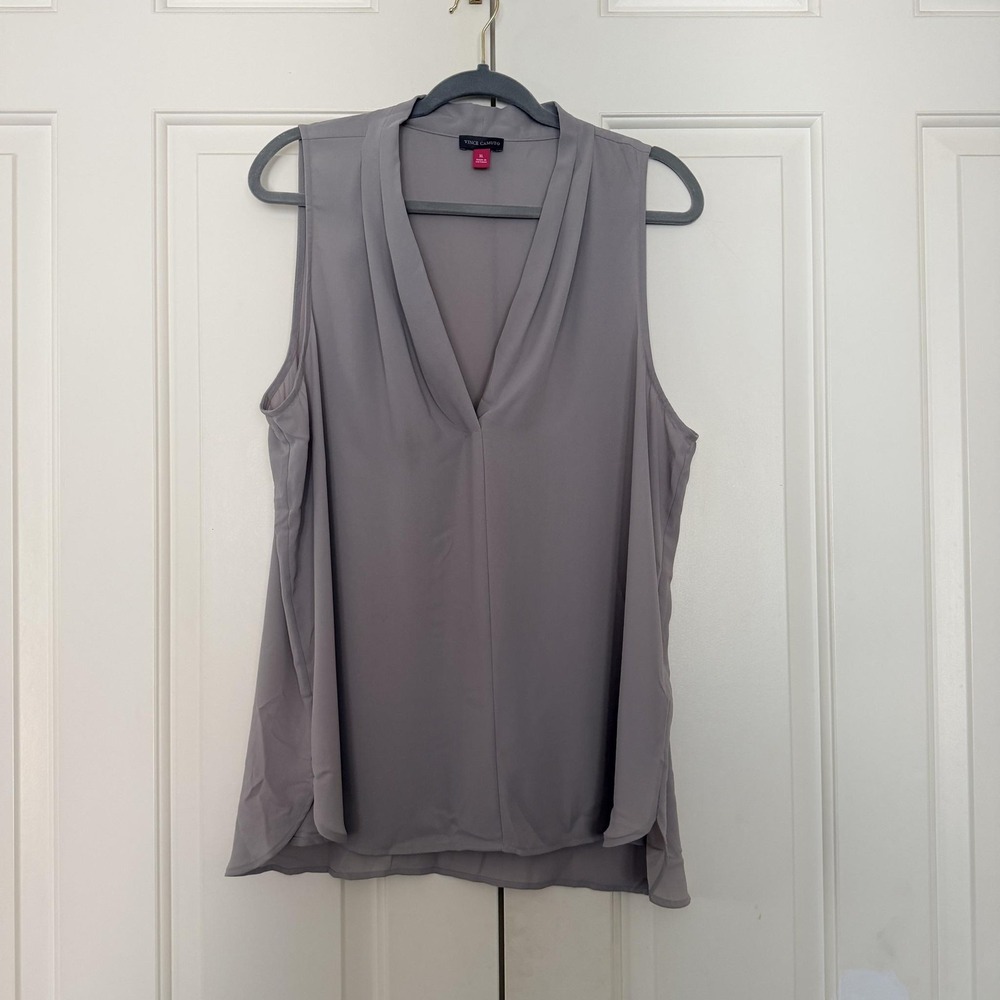 Vince Camuto Blouse Womens XL Gray Sleeveless V Neck Chiffon Tunic Top Office
